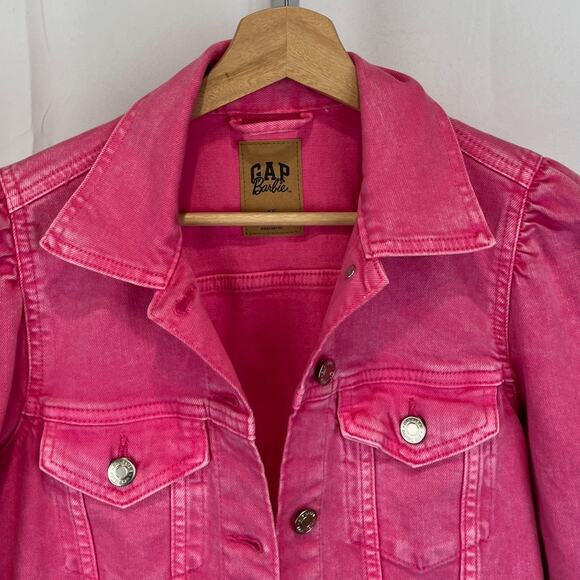 NWT GAP x BARBIE Icon Puff Sleeve Jean Jacket Washwell Pink Size XS - Picture 6 of 9
